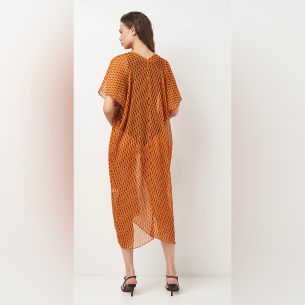 NWT ZARA SHEER ORANGE MUSTARD PATTERN V NECK TUNICIZARA DRESS TUNIC SIZE SMALL